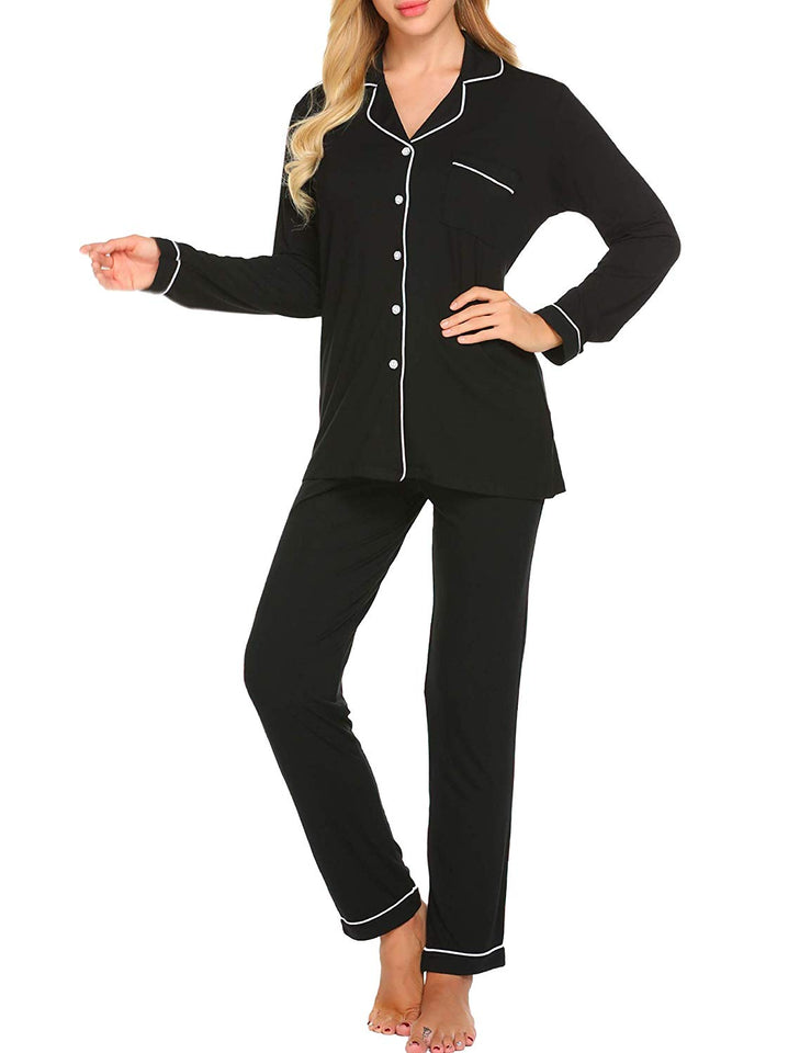 Ekouaer Pajamas Set Long Sleeve Sleepwear Womens Button Down Nightwear Soft Pj Lounge Sets XS-XXL