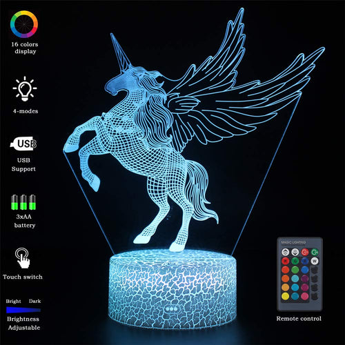 VANSIHO 3D Optical Illusion Night Light 7 LED Color Changing Lamp Gift for Kids with Remote Crackle White Base (Wing Unicorn-1)