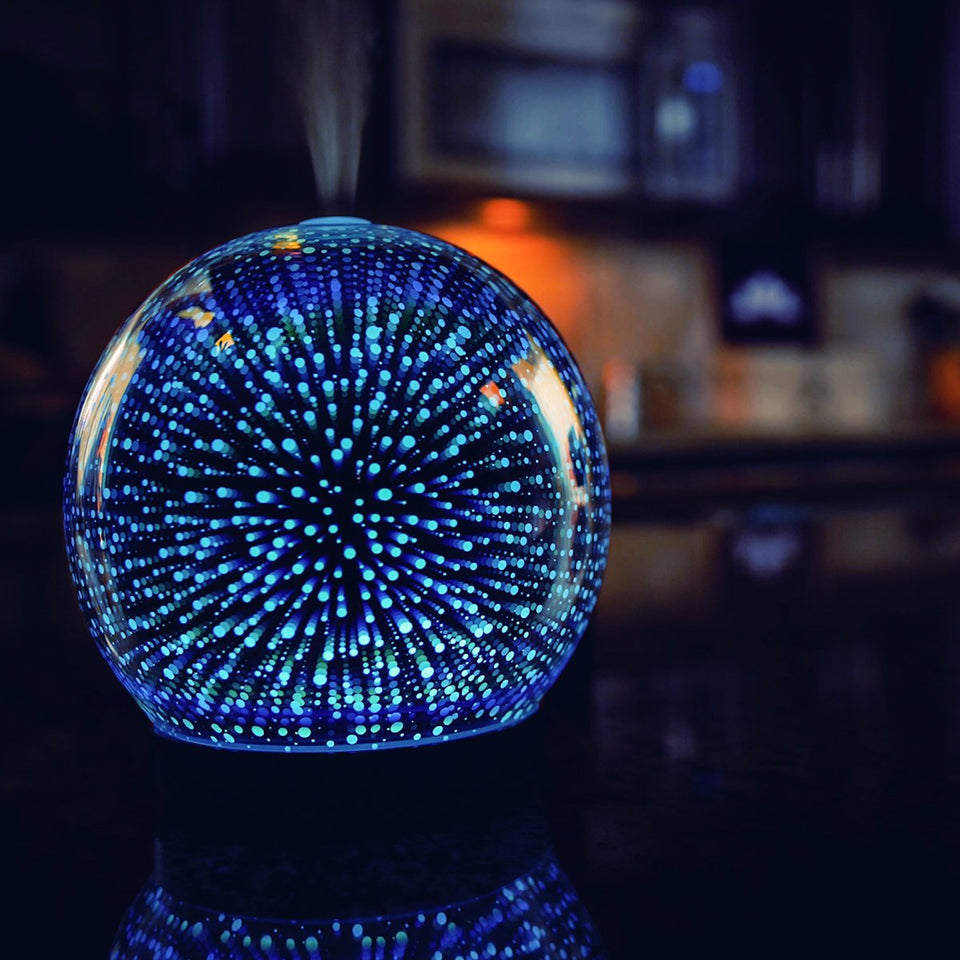 Essential Oil Diffuser - 3D Glass 200ml Galaxy Premium Ultrasonic Aromatherapy Oils Humidifier With Amazing LED Lights, Handy Auto Shut-Off Function & Large Water Tank