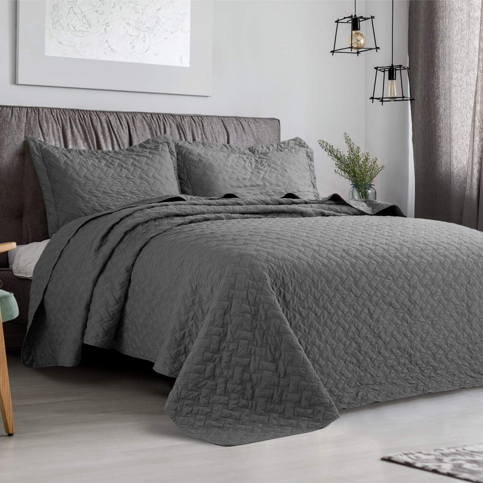 Bedsure Quilt Set Grey Full/Queen Size (90x96 inches) - Basket weave Pattern Bedspread - Soft Microfiber Lightweight Coverlet for All Season - 3 Piece (Includes 1 quilt, 2 shams)