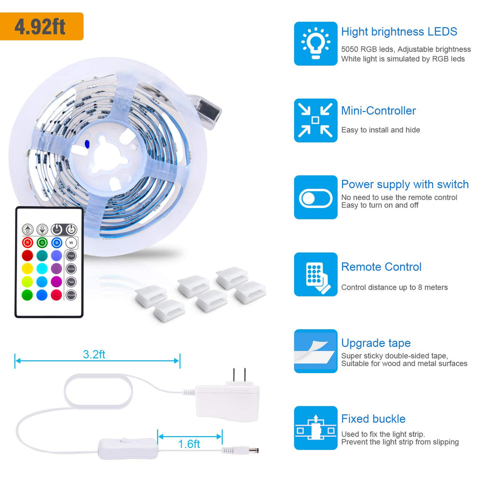 Bed Backlights, Led Night Light, 4.92ft Led Strip Lights with Switch Power Supply and Remote, 16 Colors Changing Strip Lights, RGB Night Light for Kids, Room, Bedroom, Mood Lighting Bedside Led Lights