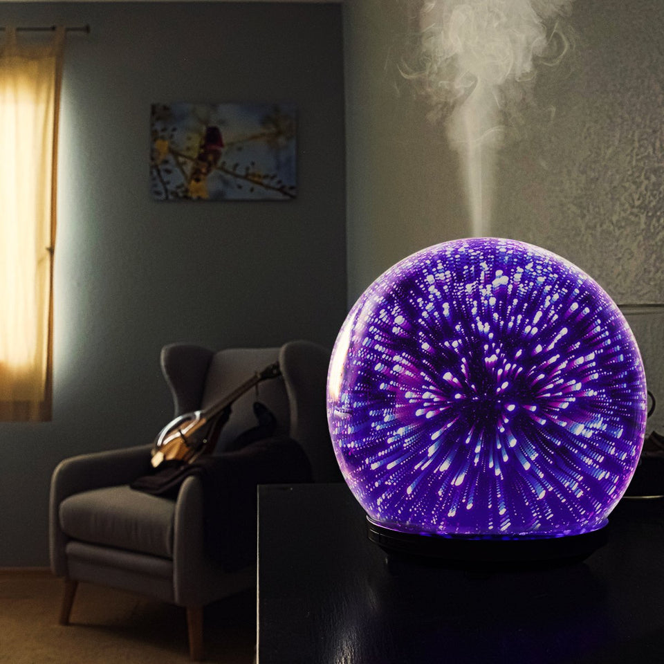 Essential Oil Diffuser - 3D Glass 200ml Galaxy Premium Ultrasonic Aromatherapy Oils Humidifier With Amazing LED Lights, Handy Auto Shut-Off Function & Large Water Tank