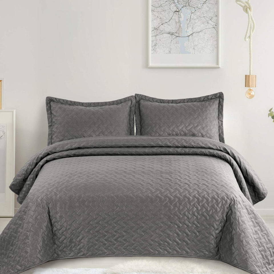 Bedsure Quilt Set Grey Full/Queen Size (90x96 inches) - Basket weave Pattern Bedspread - Soft Microfiber Lightweight Coverlet for All Season - 3 Piece (Includes 1 quilt, 2 shams)