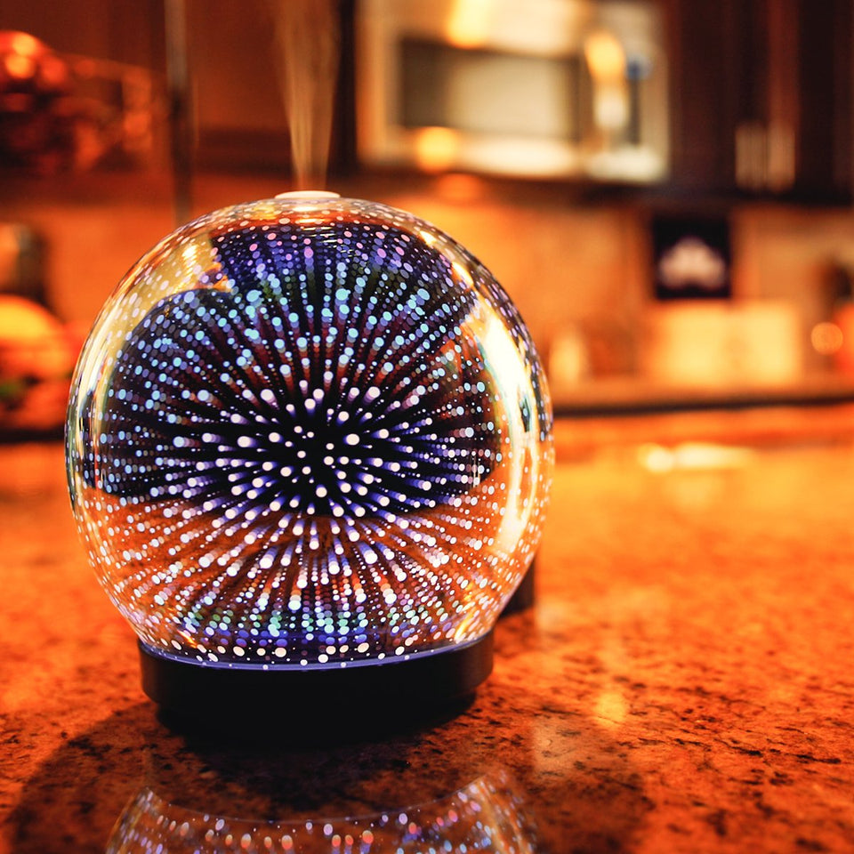 Essential Oil Diffuser - 3D Glass 200ml Galaxy Premium Ultrasonic Aromatherapy Oils Humidifier With Amazing LED Lights, Handy Auto Shut-Off Function & Large Water Tank