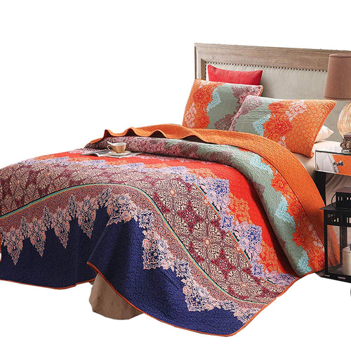 Exclusivo Mezcla 100% Cotton 3-Piece Rich Printed Boho Quilt Set, Reversible& Decorative - Full/Queen