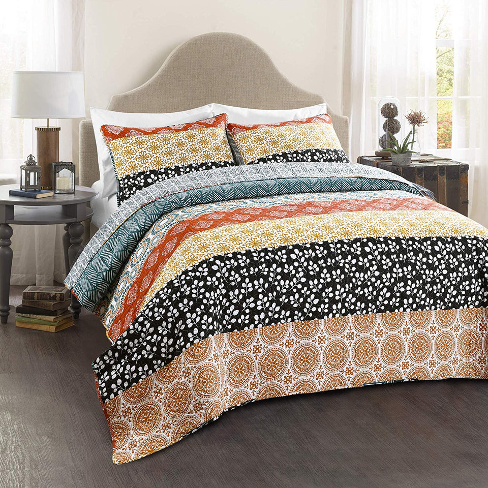 Lush Decor Bohemian Striped Quilt Reversible 3 Piece Bedding Set, King, Turquoise