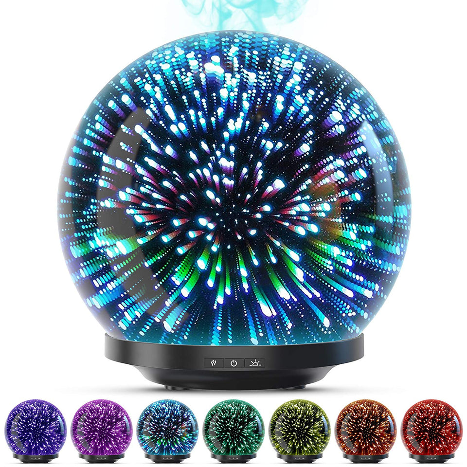 Essential Oil Diffuser - 3D Glass 200ml Galaxy Premium Ultrasonic Aromatherapy Oils Humidifier With Amazing LED Lights, Handy Auto Shut-Off Function & Large Water Tank