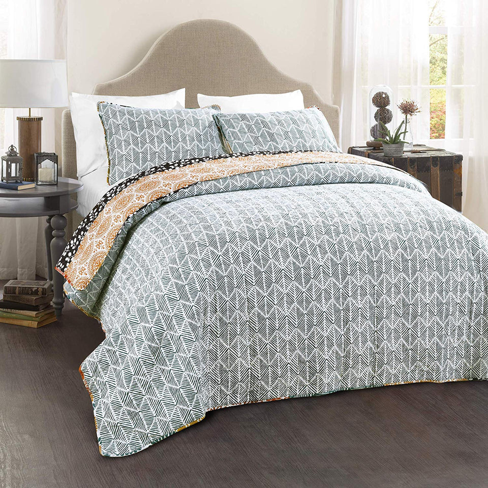 Lush Decor Bohemian Striped Quilt Reversible 3 Piece Bedding Set, King, Turquoise