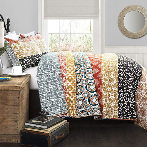 Lush Decor Bohemian Striped Quilt Reversible 3 Piece Bedding Set, King, Turquoise