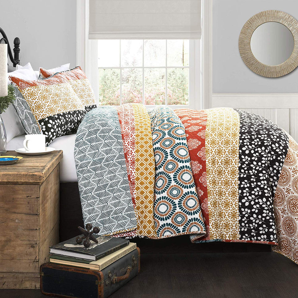 Lush Decor Bohemian Striped Quilt Reversible 3 Piece Bedding Set, King, Turquoise