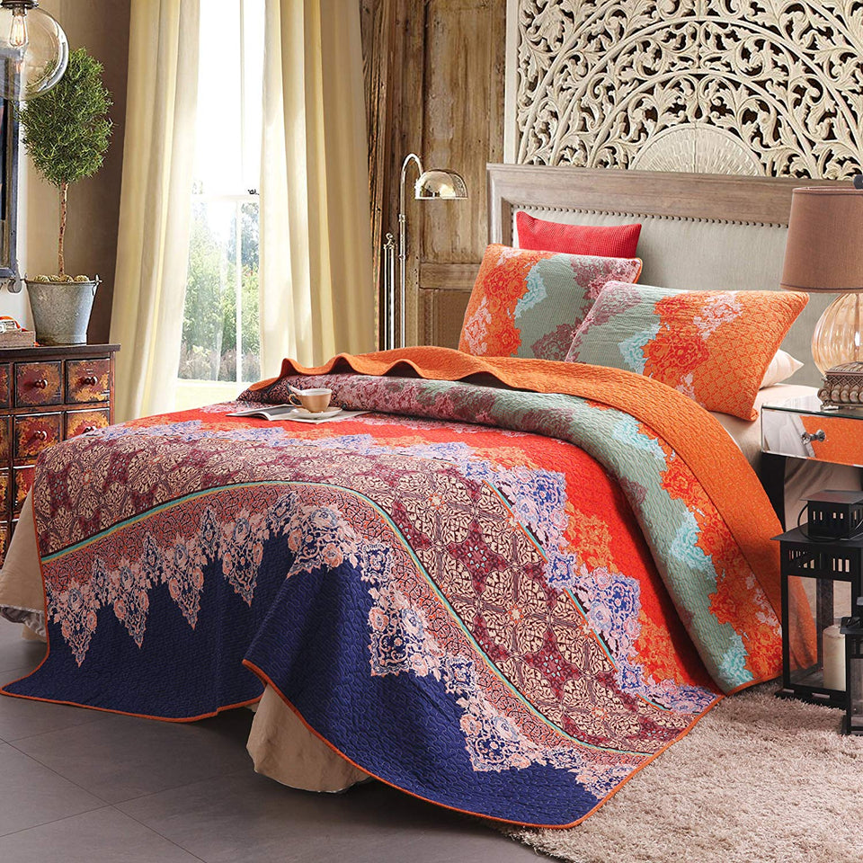 Exclusivo Mezcla 100% Cotton 3-Piece Rich Printed Boho Quilt Set, Reversible& Decorative - Full/Queen