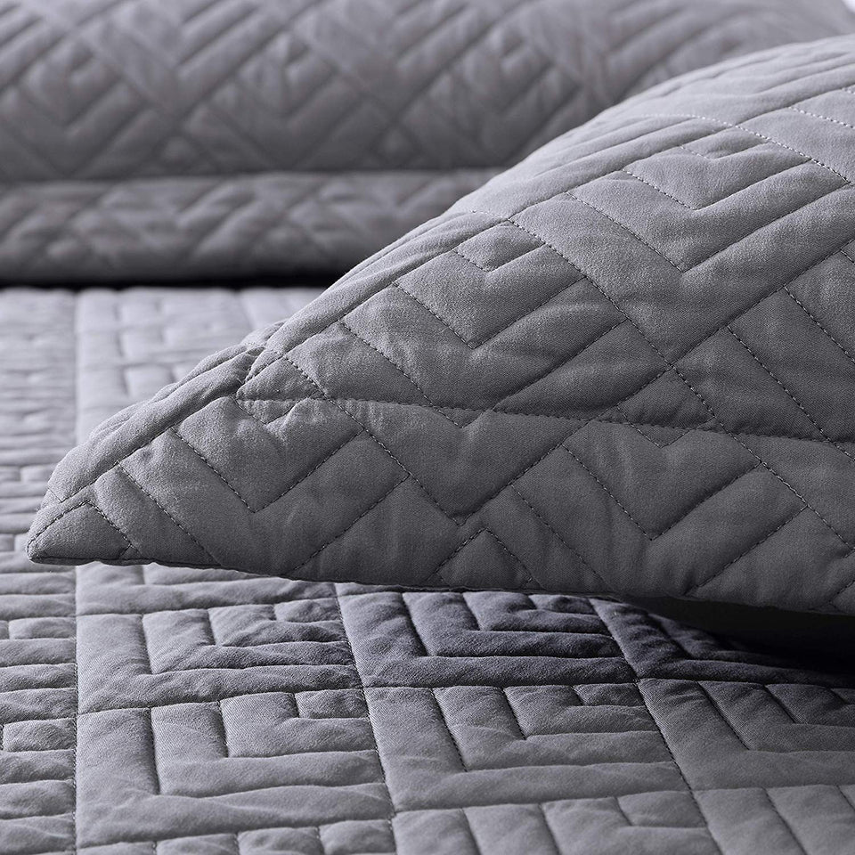 EXQ Home Quilt Set Full Queen Size Grey 3 Piece,Lightweight Hypoallergenic Microfiber Coverlet Modern Style Squares Pattern Bedspread Set