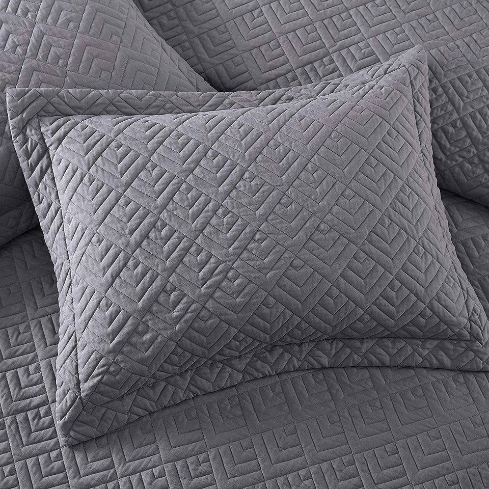 EXQ Home Quilt Set Full Queen Size Grey 3 Piece,Lightweight Hypoallergenic Microfiber Coverlet Modern Style Squares Pattern Bedspread Set