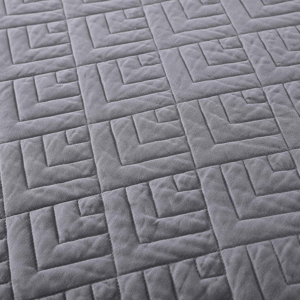 EXQ Home Quilt Set Full Queen Size Grey 3 Piece,Lightweight Hypoallergenic Microfiber Coverlet Modern Style Squares Pattern Bedspread Set