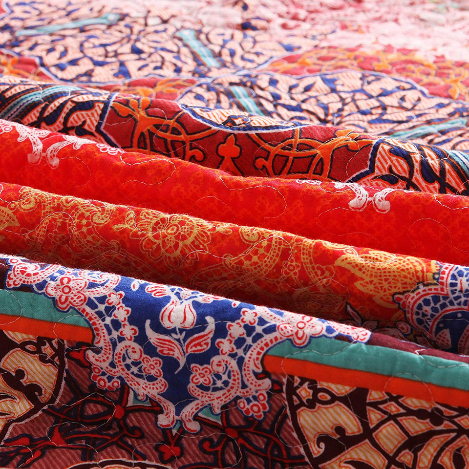 Exclusivo Mezcla 100% Cotton 3-Piece Rich Printed Boho Quilt Set, Reversible& Decorative - Full/Queen