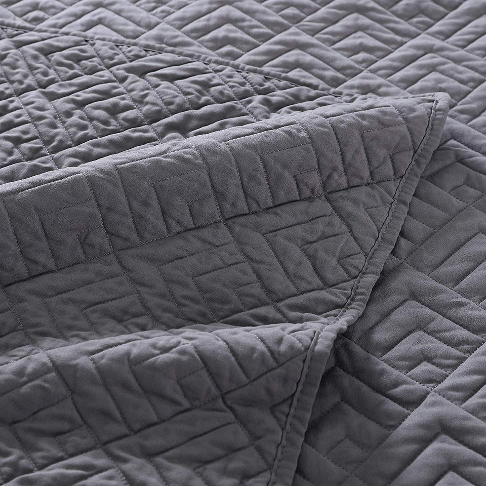 EXQ Home Quilt Set Full Queen Size Grey 3 Piece,Lightweight Hypoallergenic Microfiber Coverlet Modern Style Squares Pattern Bedspread Set