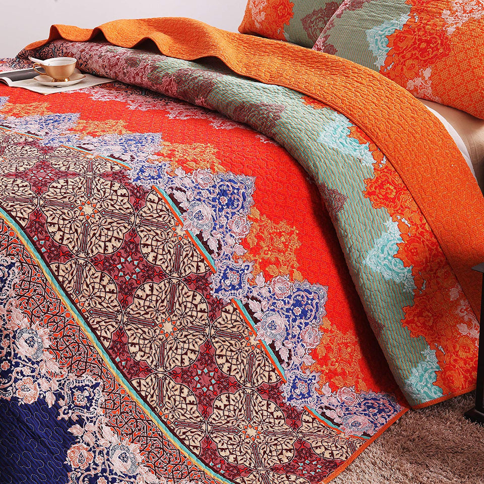 Exclusivo Mezcla 100% Cotton 3-Piece Rich Printed Boho Quilt Set, Reversible& Decorative - Full/Queen